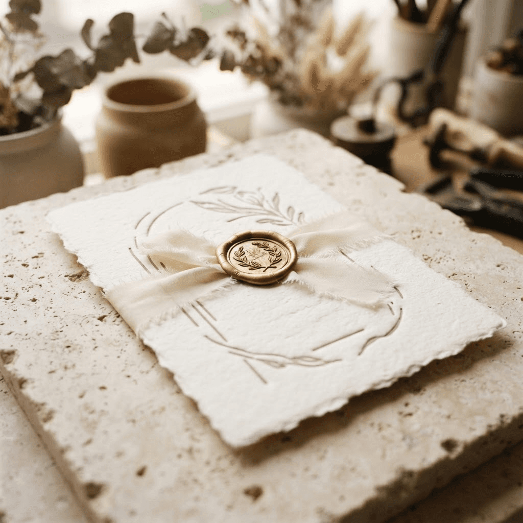 Convite de casamento personalizado com lacre dourado