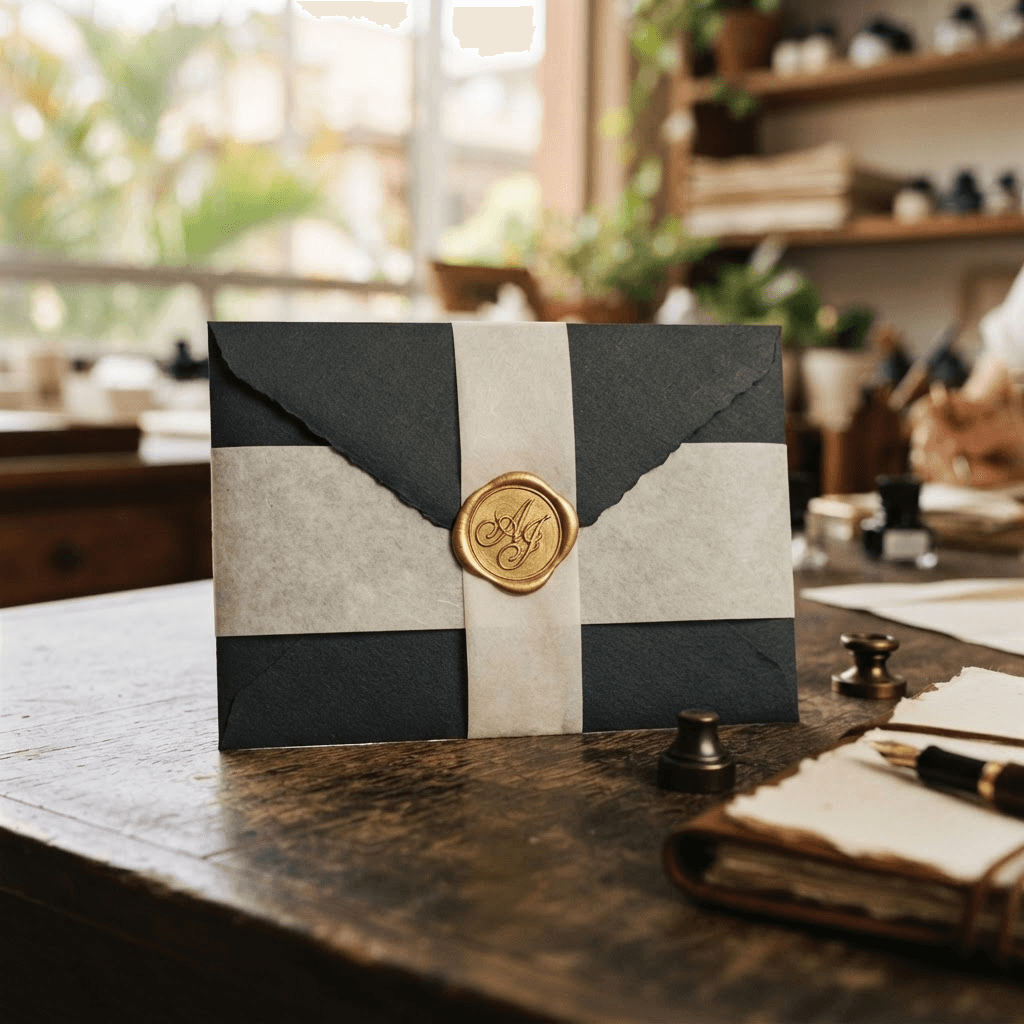 Envelope escuro com vellum e monograma personalizado
