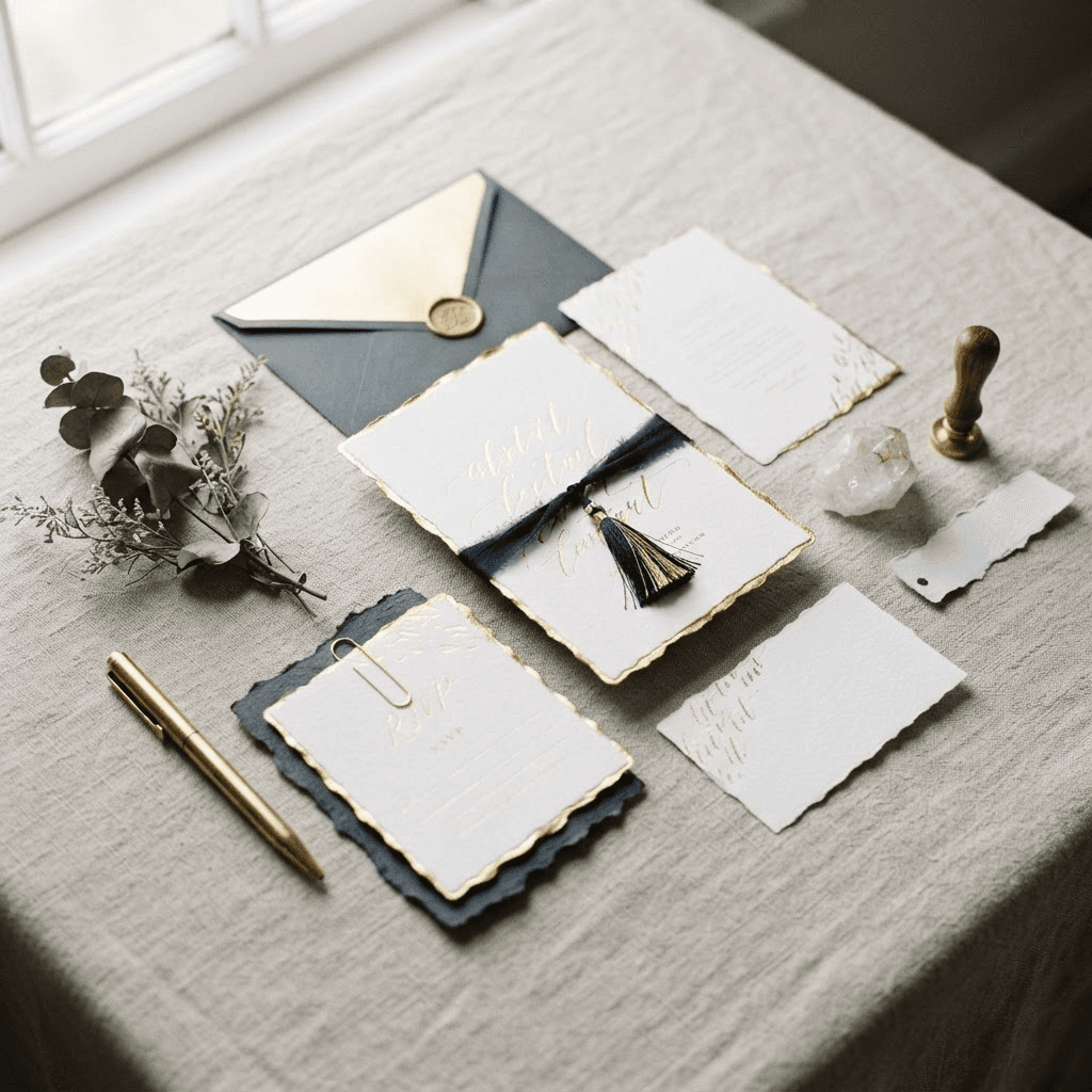 Papelaria de formatura personalizada com detalhes em ouro